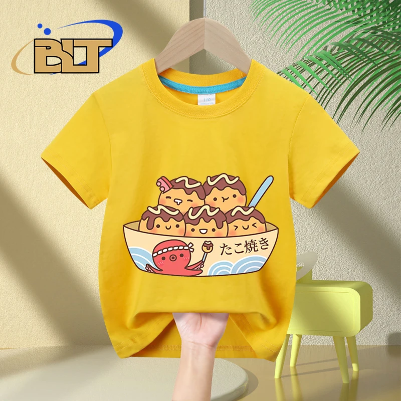 Kawaii Japanese Food Takoyaki Octopus Balls printed kids T-shirt summer pure cotton short sleeves for boys and girls