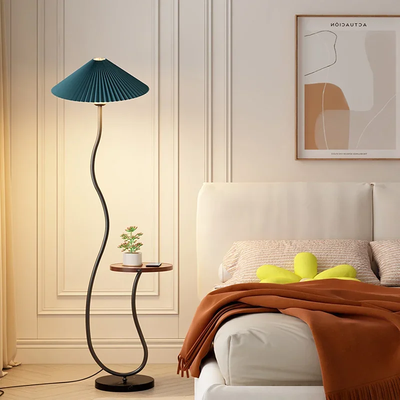Home Decor Living Room Side Table for the Tea Table and Pleated Bedside Standing Light Cream Floor Lamp