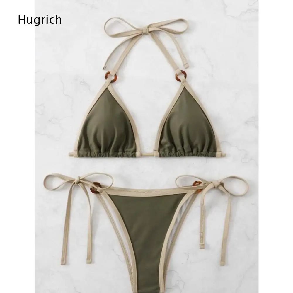 

Triangle Bikini Halter Tie Side Two Piece Swimsuit Wooden Ring Decor Bathing Suit for Women Beach Vacation