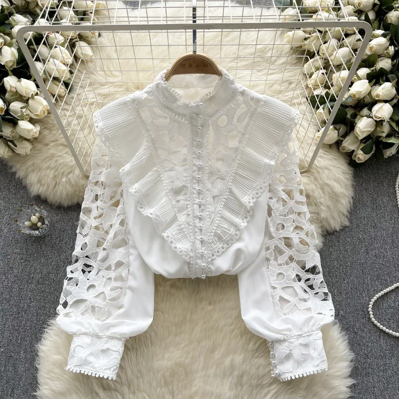 

2024 New Spring Arrival Women's Cardigan with Sweet and Fresh Design, Long Sleeves, and Unique Hollow Bubble Sleeves