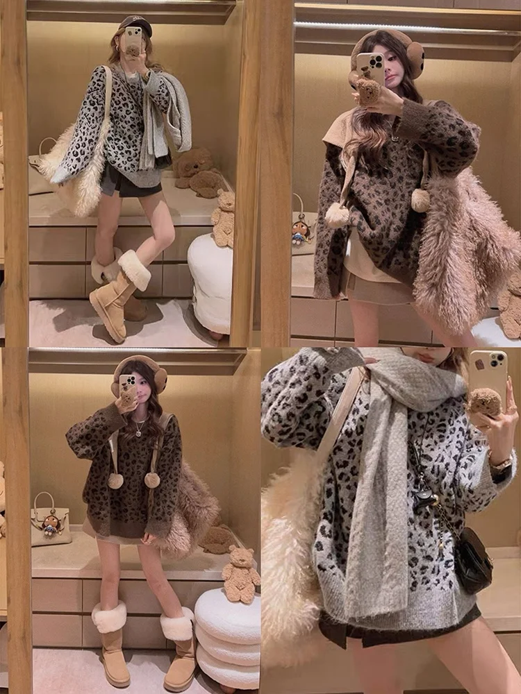 

Винтажный свитер Yukiss с леопардовым принтом, свободный, вязаный, зимний, женский, повседневный, с длинными рукавами, на молнии