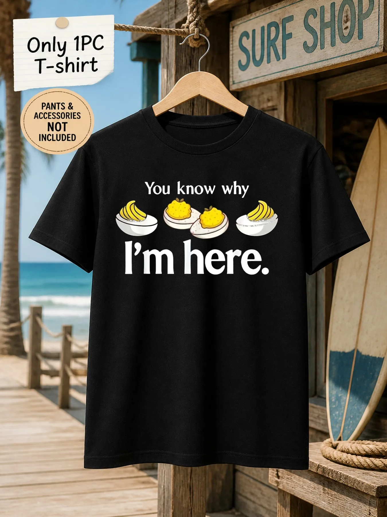 1pc Mens Graphic T Shirt Funny Deviled Egg Banana Pun Print Short Sleeve Crew Neck Casual Daily Wear[solely 1pc T-SHIRT]