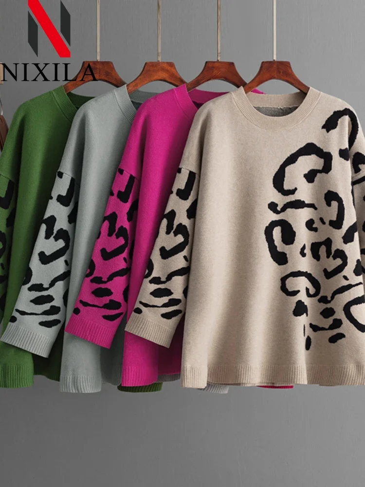 

New Winter Women's Sweater Leopard Print Animal Pullover Long Sleeve Tops O-neck Jumper Warm Knitted Sweaters for Women Clothing