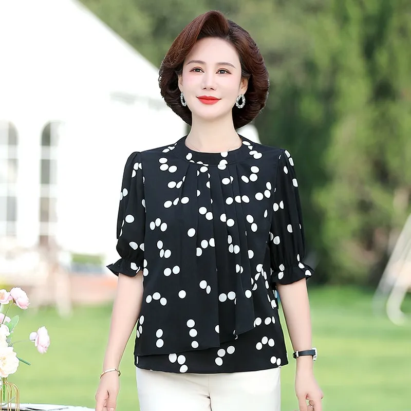 Fashion Commute Round Neck Polka Dot Chiffon Shirt Summer New Casual Korean FemaleSpliced Short sleeved Blouse Women\'s Clothing