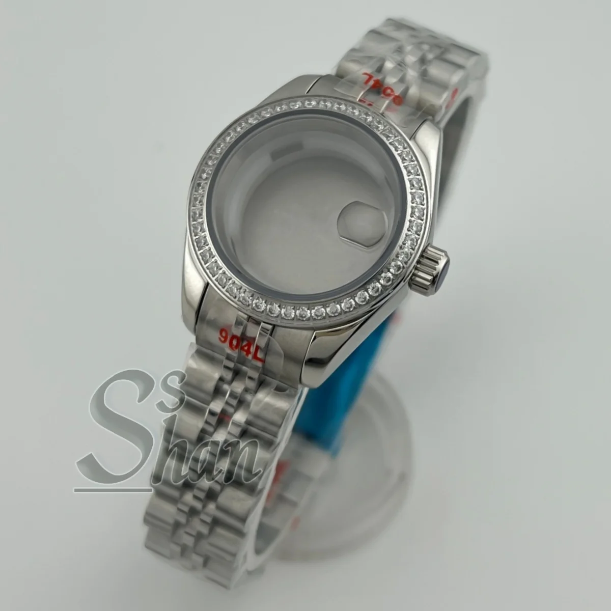 28mm Polished Ladies Watch Case, Diamond Bezel, Sapphire Crystal, Date Window, for NH05 NH06 Movements, Watch Replacement Parts