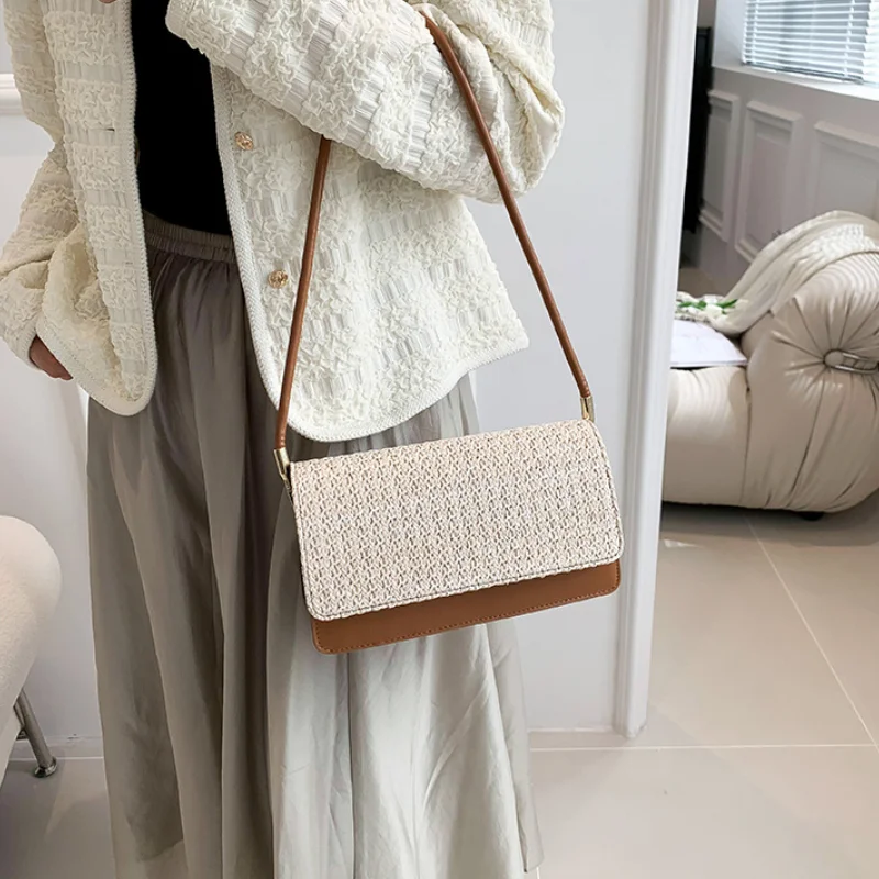 Women's Handbags Fashionable Small Square Bag Trendy Design Straw Contrast Color Commuter Women Aesthetic Crossbody Bag Durable