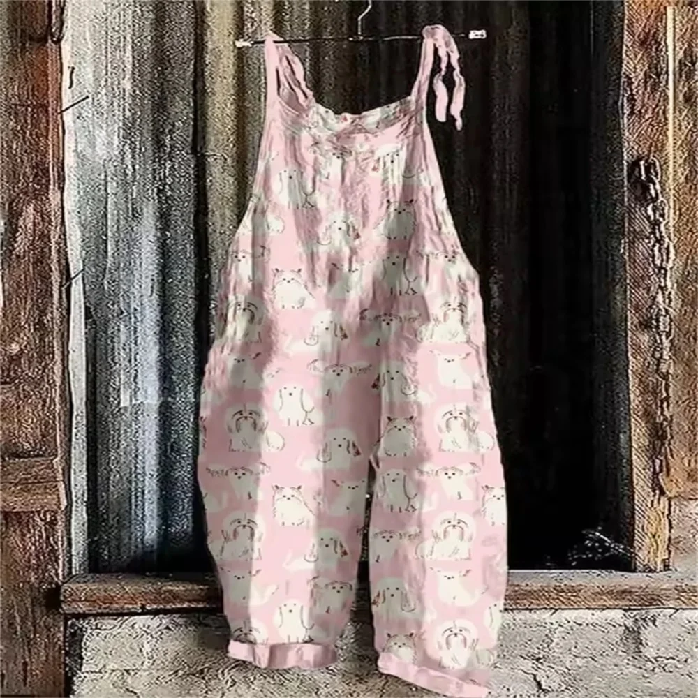 2025 Summer Women's Daily Breathable One-Piece Pants, 3D Pink Dog Print, Fashionable and Cute Loose One-Piece Pants