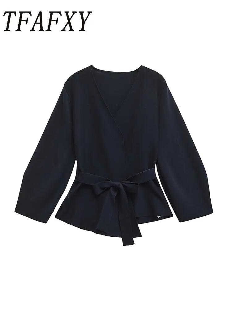 

Осень 2024, тонкий вязаный женский кардиган, свитер с рукавами на запястьях, тонкая куртка с v-образным вырезом и поясом, пальто Y2K