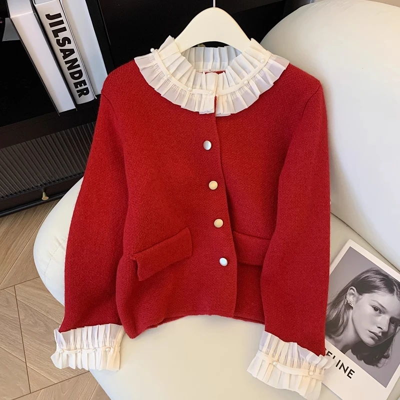 Red Sweet Lace Patchwork Collar Sweater Women\'s Autumn And Winter Loose Knit Cardigan Top