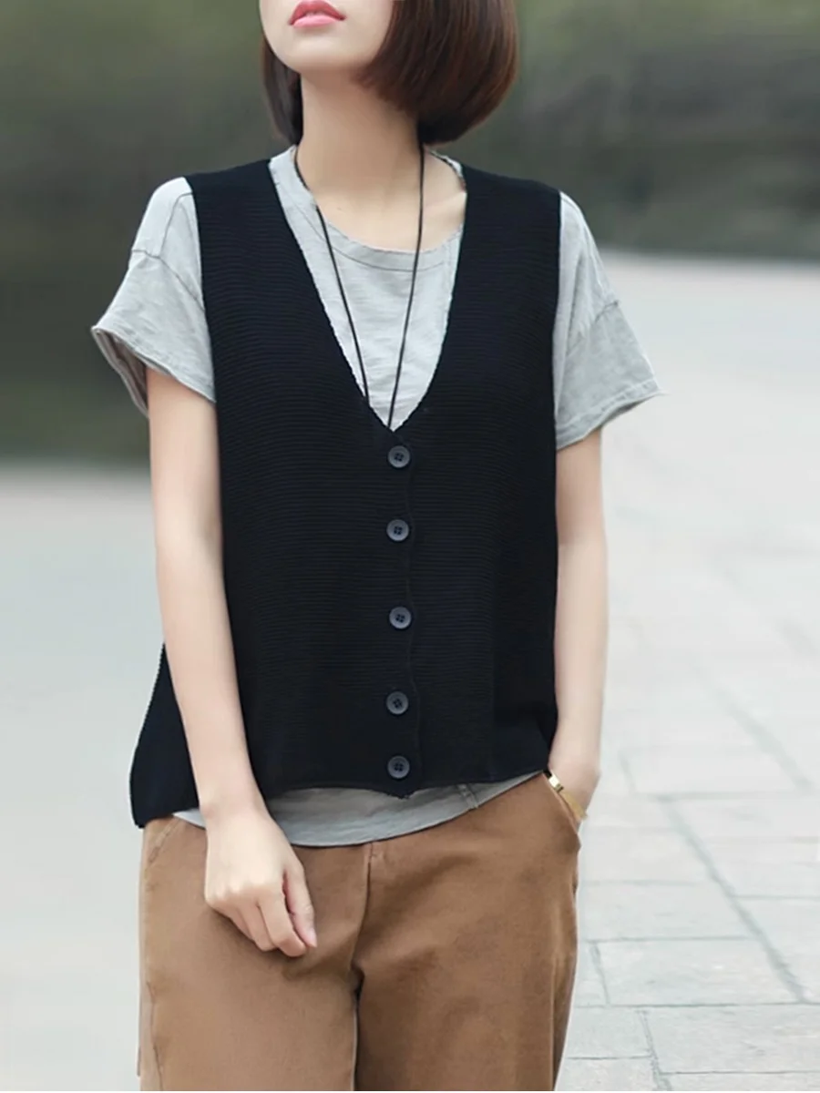 

Early Autumn Women's Cotton Linen Knitted Ice Silk Vest Loose Faionable Open Cardigan ort Sle Button up Pure Color Comm...