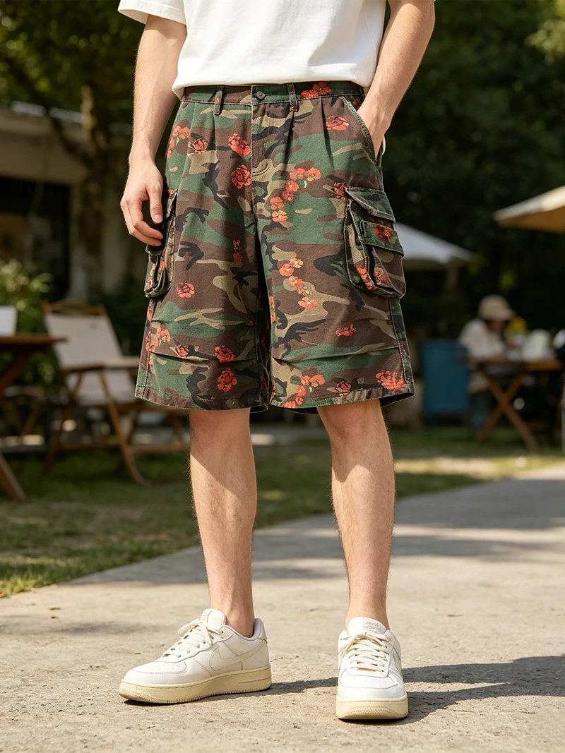 Herren Camouflage Blumenmuster Cargo-Shorts Multi-Taschen Weite Lässige Tarnmuster-Shorts Mode Streetwear Weites Bein Knielange Hosen – Detail 2