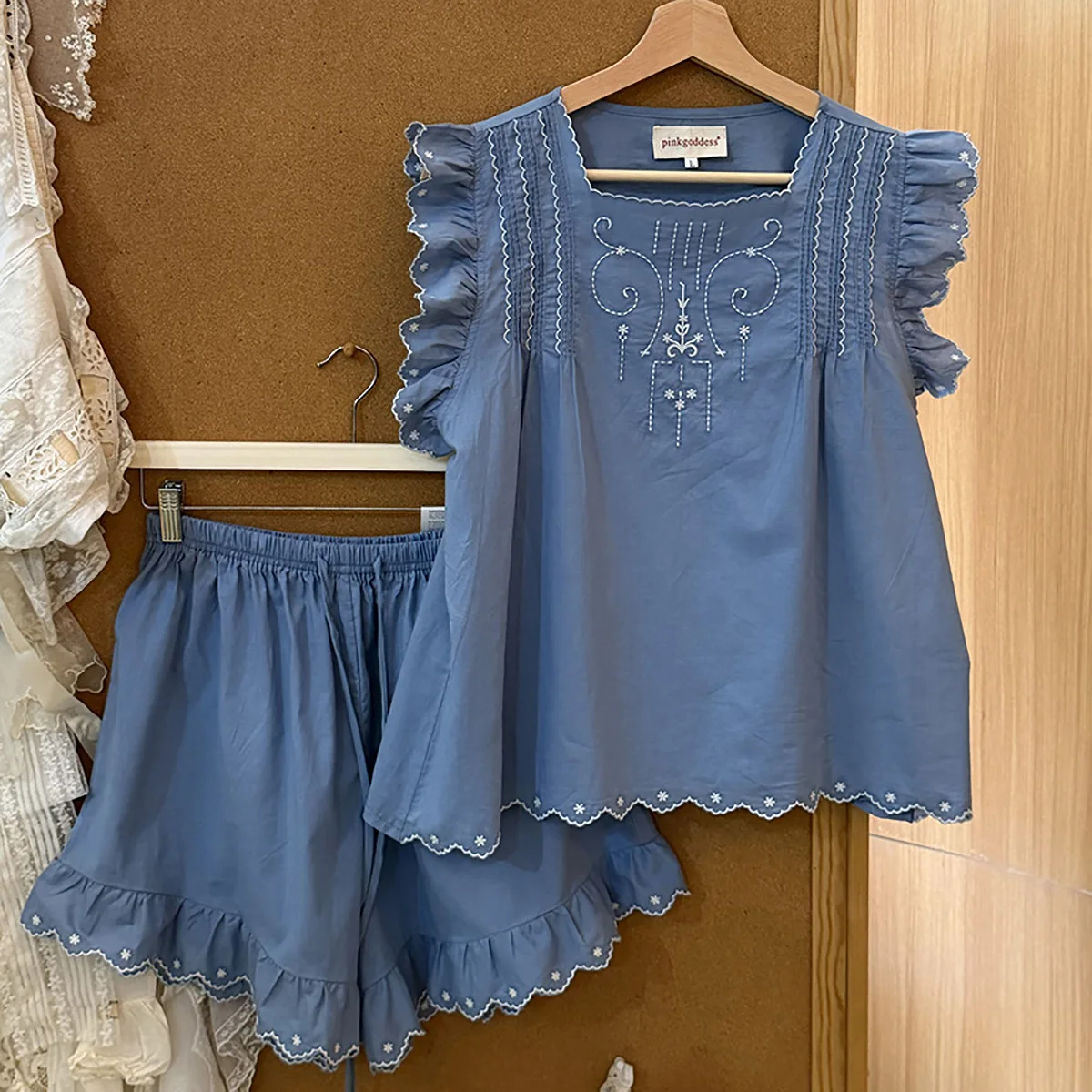 100% Cotton Embroidered Lace Sweet French Pajama Set Outdoor Home Wear Women Summer Fairy Princess 2pcs Nightwear