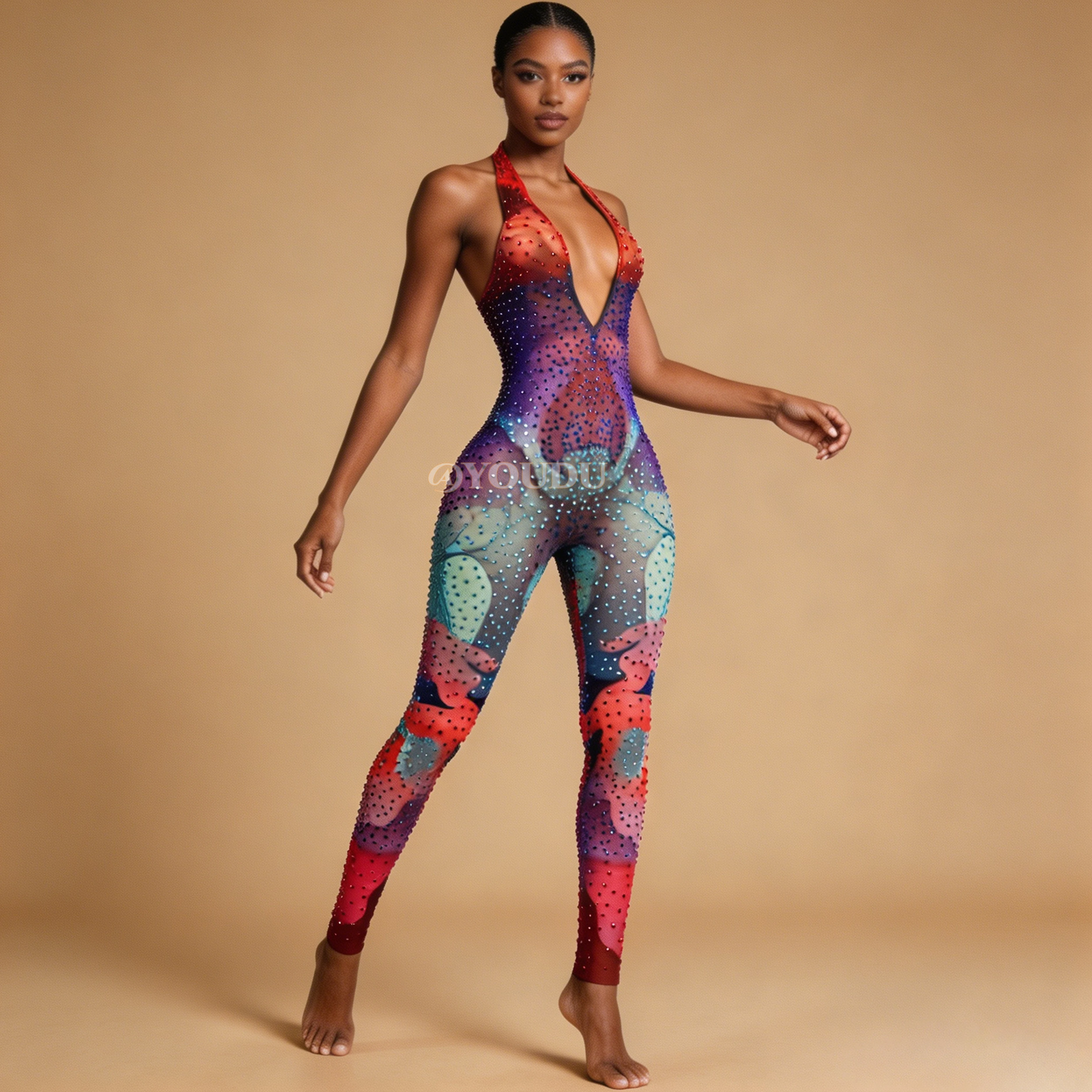 New Designed Shining Rhinestones Sexy Deep V-neck Mesh Bodysuit Party Show Fashion Outfit Singer Dancer Performance Liyunxian