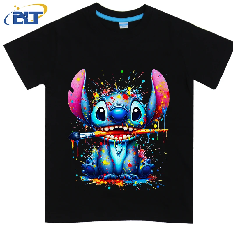 Disney spray paint stitch printed kids T-shirt pure cotton short-sleeved casual cartoon top for boys and girls