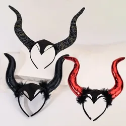 Women Kids Black Queen Demon Long Ox Horns Headwear Cosplay Evil Witch Headpiece Halloween Carnival Party Costume Hair Hoop Prop