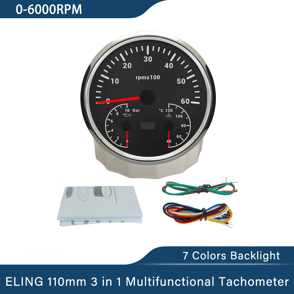 

ELING 110mm Car Boats 3in1 Multifunctional 3K 6K 8K RPM Tachometer with Oil Pressure Water Temperature 7 Colors Backlight