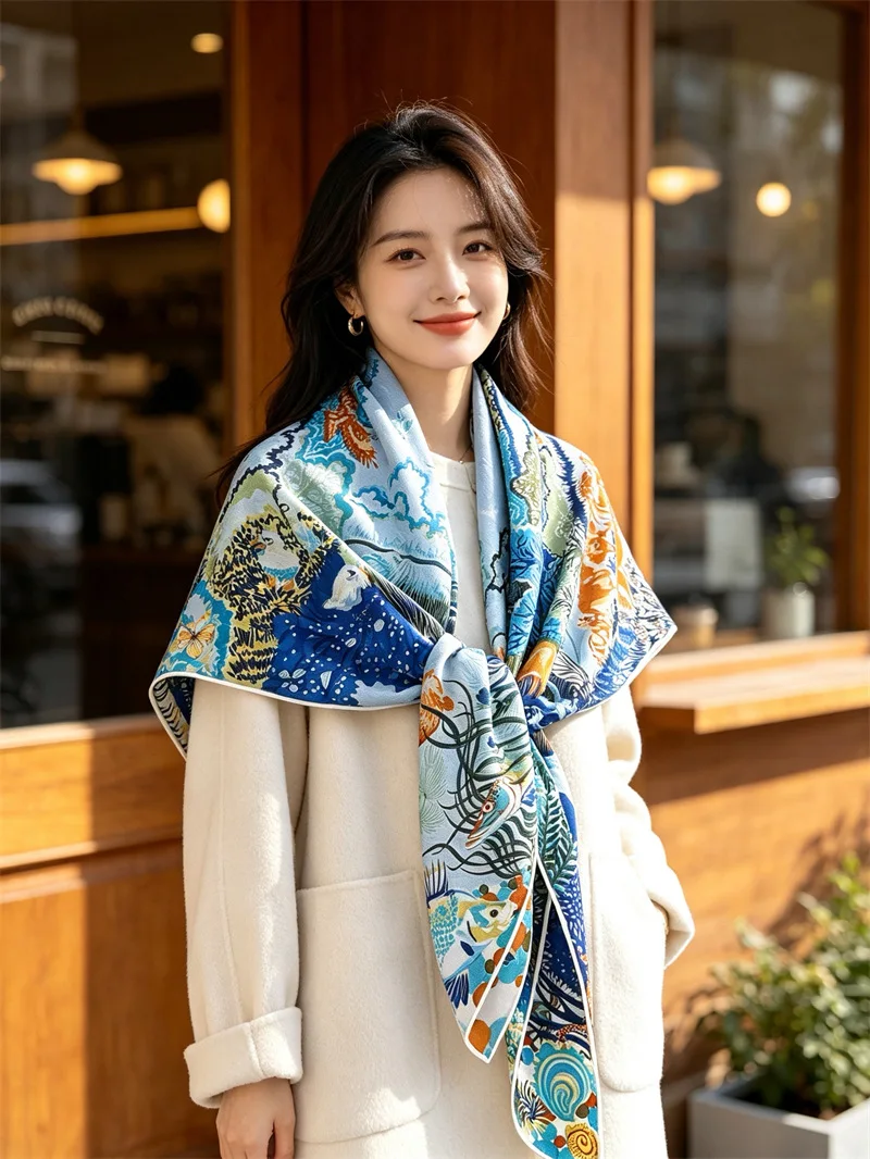 Winter Wool Silk Cashmere 135CMx135CM Luxury Hand Rolled Bandanas Shawls Women Warm Square Stole Christmas Valentine's Day gift