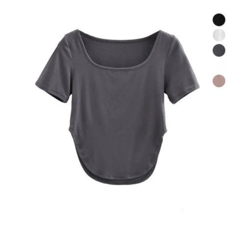 MRMT 2024 Brand New Basic Retro Arc Hem Short-Sleeved t-Shirt Showing Thin Exposed Collarbone Square Collar Tight Elastic Women