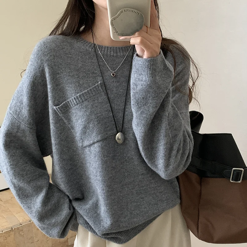 

New 100% Wool Sweater Loose Casual Women's O-Neck Long Sleeved Pullover Autumn Winter Jumpers Knitwear Soft Warm Chic Femme Tops