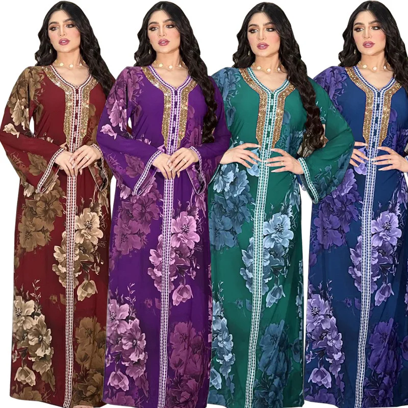 Ab209 verano musulmán nuevo Dubai bata árabe abaya impreso estilo diamante caliente