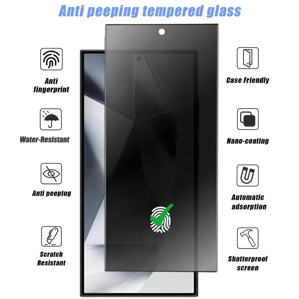 NNBILI 1 pieza de vidrio templado de privacidad para Samsung Galaxy S26 Ultra S24 S25+, con desbloqueo por huella dactilar, protector de pantalla antivista 3