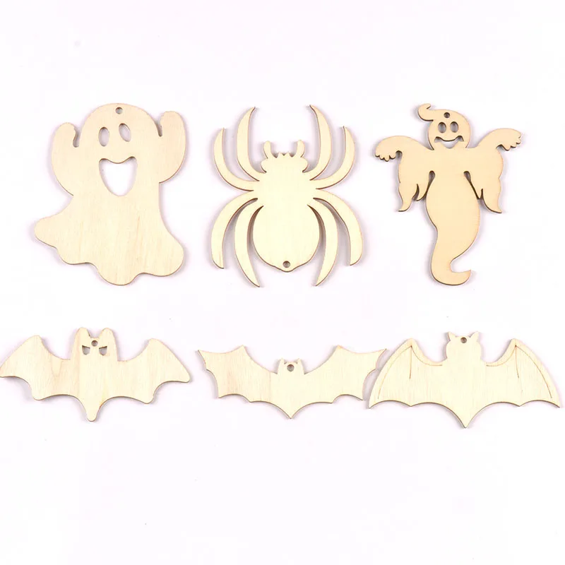 10Pcs 4.5-10cm Unfinished Halloween Decorations Bat/Spider/Ghost Wooden Crafts DIY Blank Hanging Ornaments Home Party Supplies