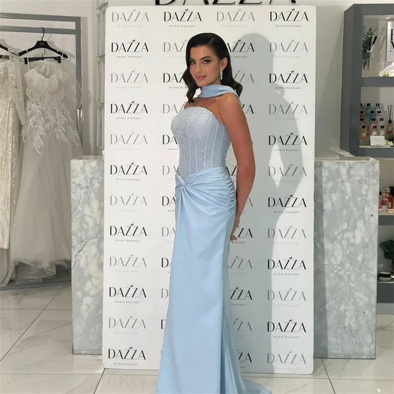 Robe de soirée longue en soie avec perles bleues personnalisées, style sirène, dos nu, longueur au sol, ligne a, robe de bal, nouvelle collection