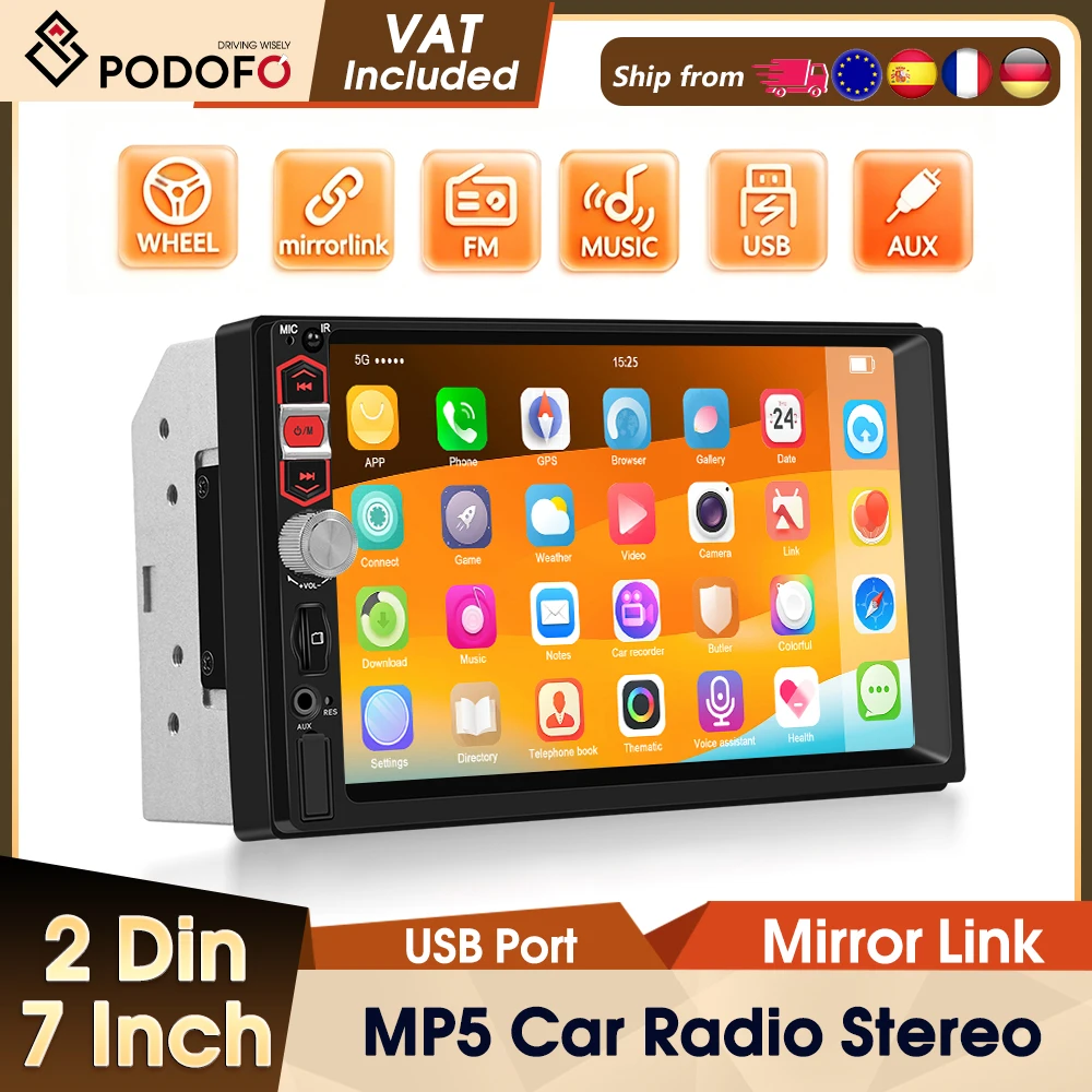Podofo 7'' 2 Din Auto MP5 Multimedia-Player Kabelgebundener Mirror Link Autoradio Bluetooth FM EQ USB Universeller Auto-Videoplayer