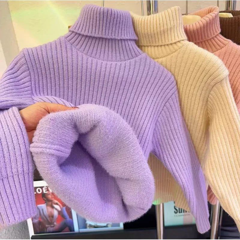 

Girls' Mink Fur Sweater Base Shirt Solid Color High Neck Top Thickened Children's Knitwear Autumn Winter Wholesale