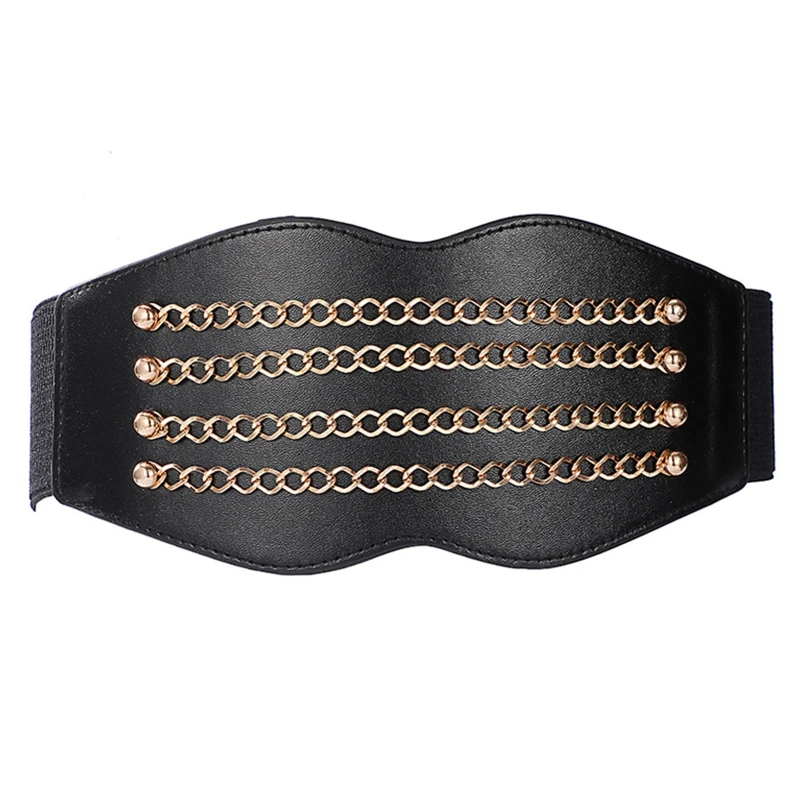 Simple Women Waist Belt Elastic Vintage PU Leather Corset with Geometric Chain