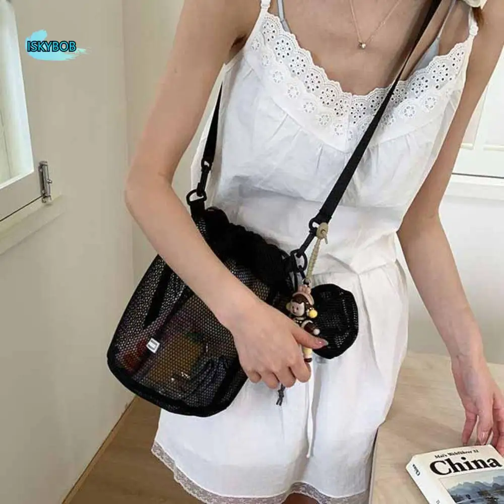 

Korean Style Drawstring Bucket Bag Pendant with Coin Purse Mesh Shoulder Bag Solid Color Purse Mobile Phone Bag Travel