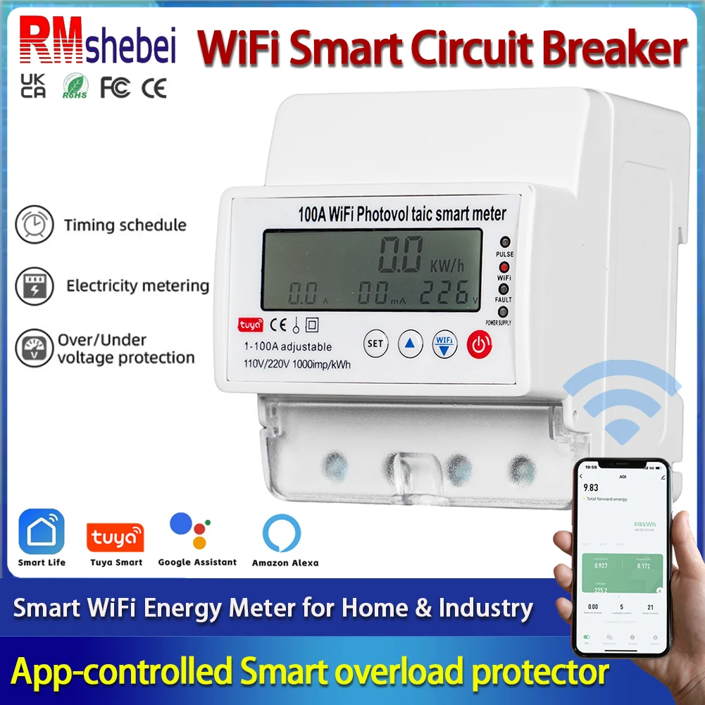 

RMshebei tuya Voltage relay 220v wifi smart circuit breaker 63A smart home assistant Automatic switch electric consumption meter