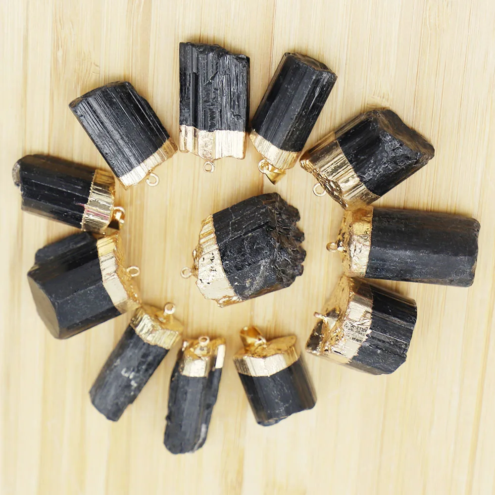 【Free Shipping】 Natural Original Gilt Black Tourmaline Irregular Pendant Tomalin Ornaments Making Accessories Wholesale 8Pcs/Lot