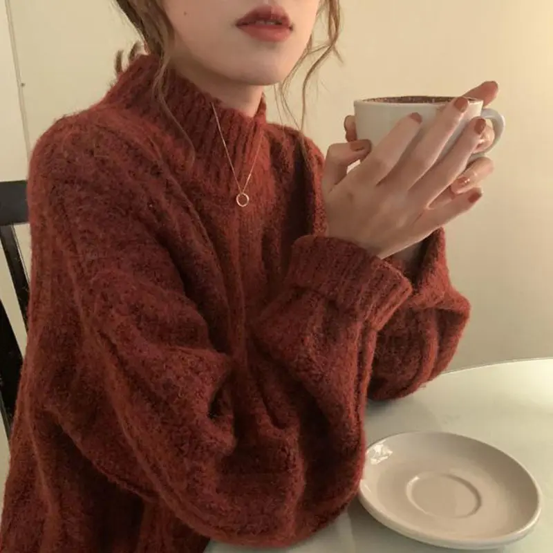 

Retro Cisas Red Sweater Women's Autumn Winter Thiened Loose Design Sense f High Collar Inner Twist Knitwear