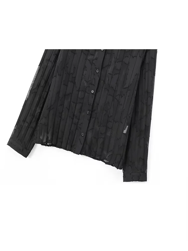 HH النساء الصلبة الدعاوى التلبيب واحدة الصدر طويلة الأكمام حرق التدريجي الطباعة شفافة مطوي قمصان + مرونة تنورة وسط مجموعة