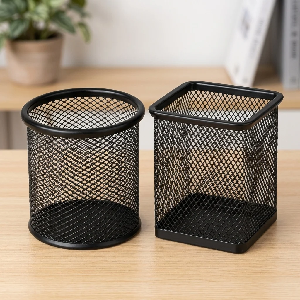 Multi-Color Metal Mesh Desktop Pen Holder Set, Square and Round Pen Holders, Suitable for Student and Office Workers' Desktop St