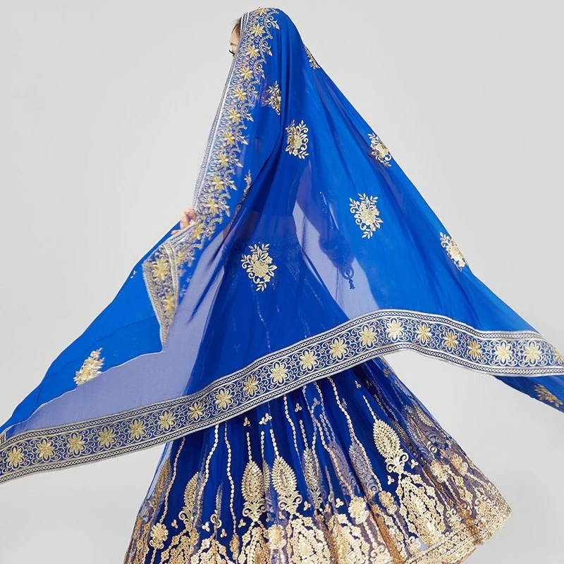 Luksusowy strój do tańca indyjskiego dla kobiet, krótki top, duża rozkloszowana spódnica, taniec brzucha, taniec bollywoodzki, strój sceniczny DQL12070