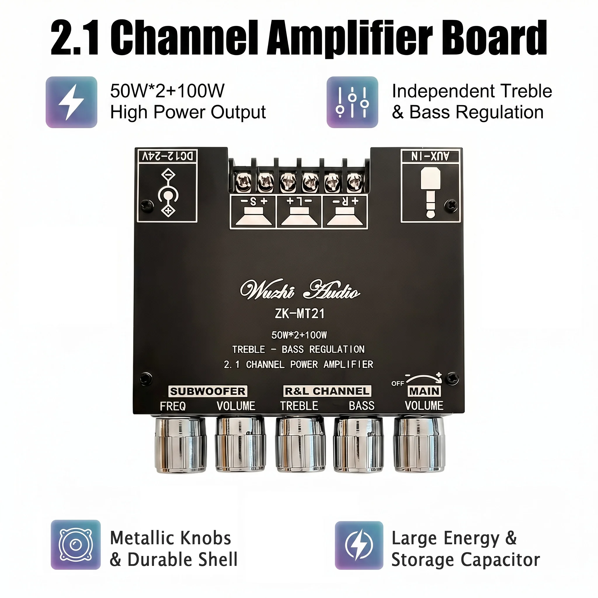 WOOPKER ZK-MT21 Module amplificateur de son 2x50W + 100W 2.1 canaux caisson de basses Bluetooth 5.0 carte amplificateur de puissance numérique AUX 12V/24V
