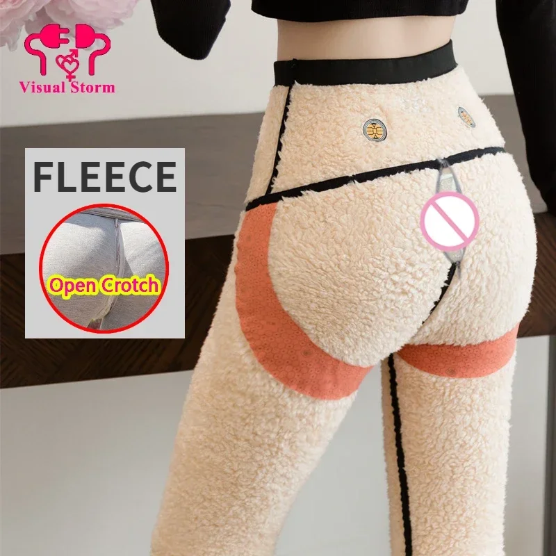 

Woman Winter Add Velvet Open Crotch Pants Fleece Leggings Invisible Hidden Zippers Thermal Outdoor Sexy Panties Adult Couple Toy