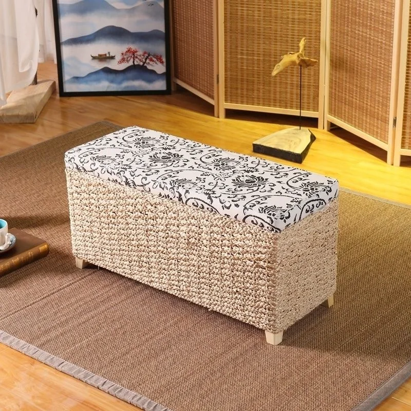 Pastoral grass rattan storage  storage stool simple modern home living room stool storage shoe changing sorting seat