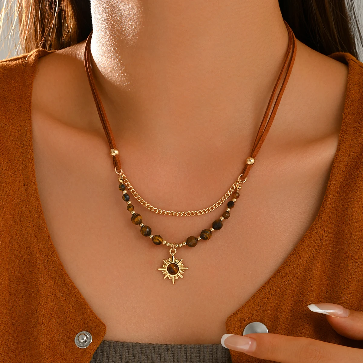 Boho Layered Sun Pendant Necklace Brown Suede Cord Tiger‑Eye Beaded Western Vintage Neck Jewelry Gift for Women