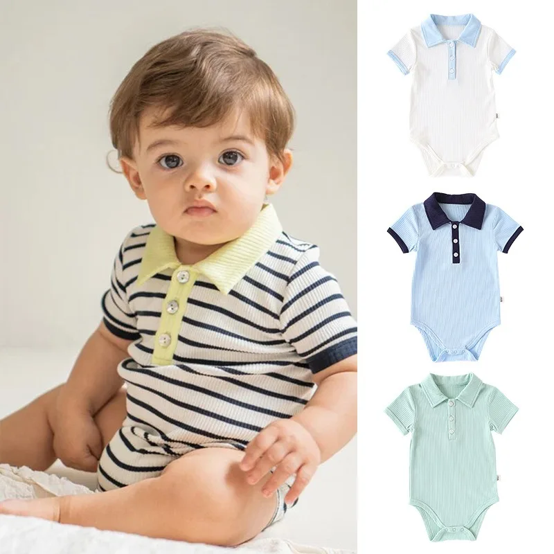 

Baby Boy Clothes Summer Baby Clothes Polo Shirt Short Sleeve Lapel Striped Romper Boys Toddler Cotton Outfit Infant Bodysui