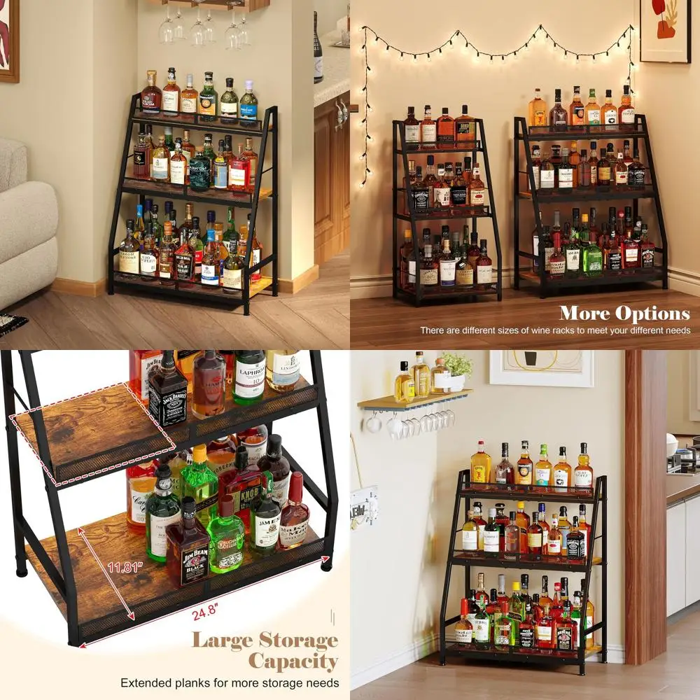Estante para Licores de 3 Niveles con Botellero Trapezoidal, Almacenamiento de Gran Capacidad para Whisky y Vino, Mueble de Estilo Vintage para el Hogar