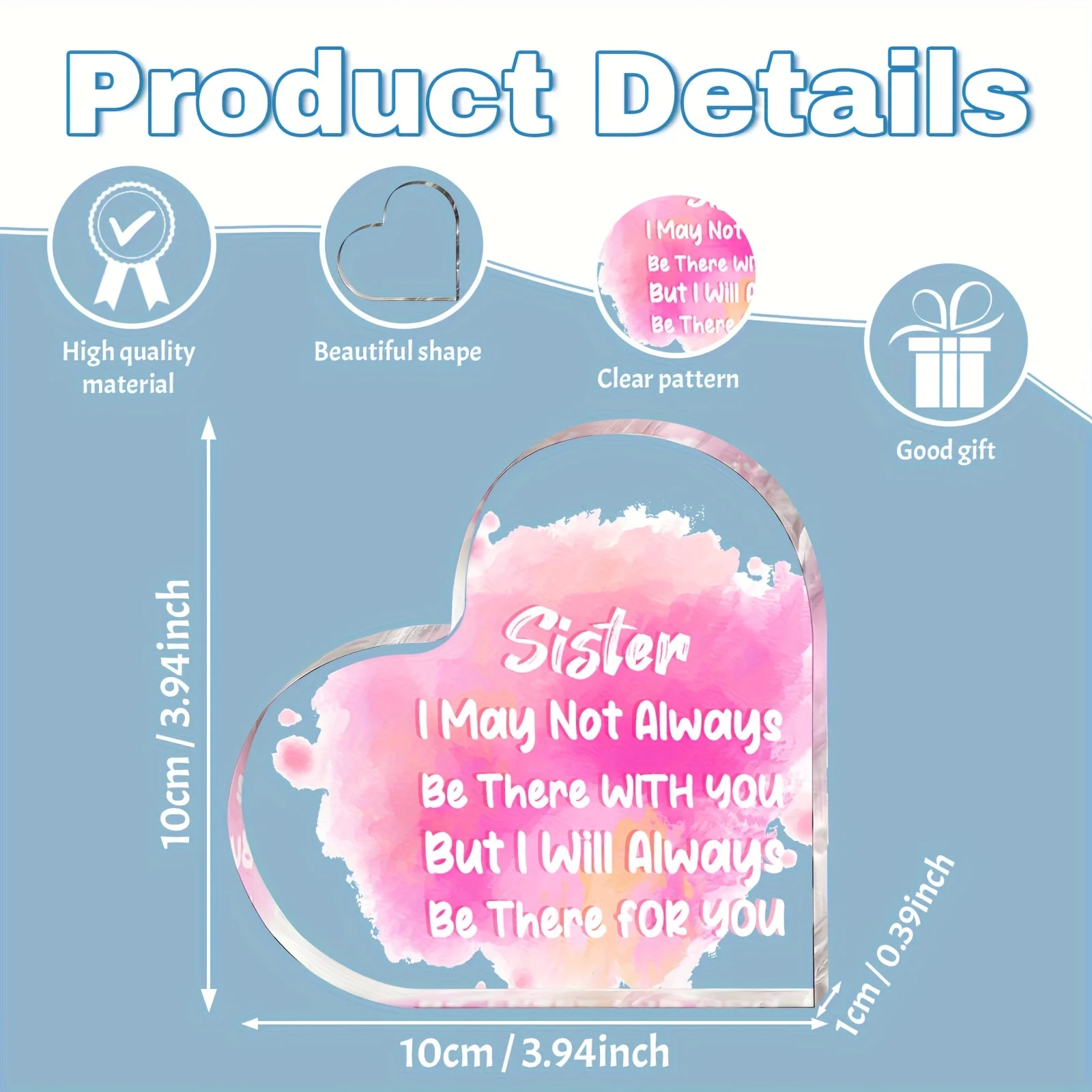 Heart-Shaped Acrylic Plaque for Sister, Sweet Pink Ink Wash Heart Acrylic Ornament For Sister Birthday