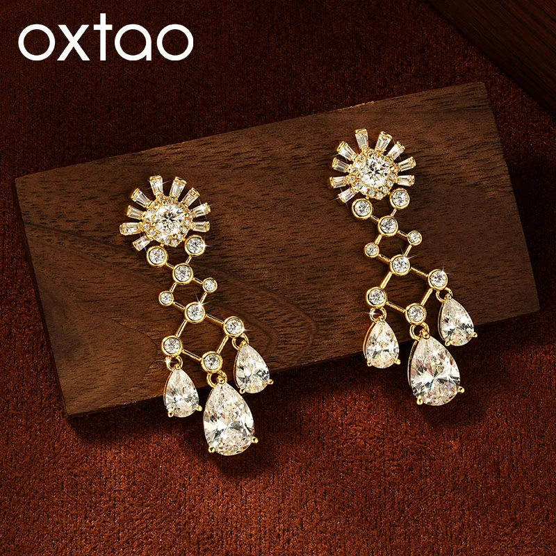 OXTAO Vintage Royal Tassel Moissanite Diamond Earrings 3.5x3.5mm Cushion Cut Female Jewelry Charm Earrings Gift 14K Gold Filled