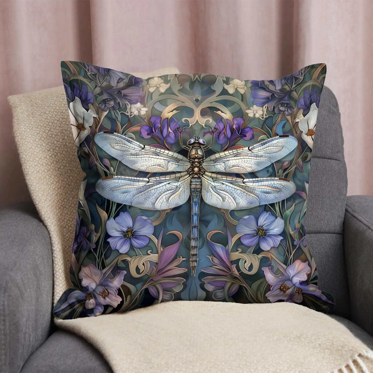 Gothic Dragonfly Floral Pattern Throw Cushion Pillow Cover Purple Botanical Art Print Decor 40x40cm