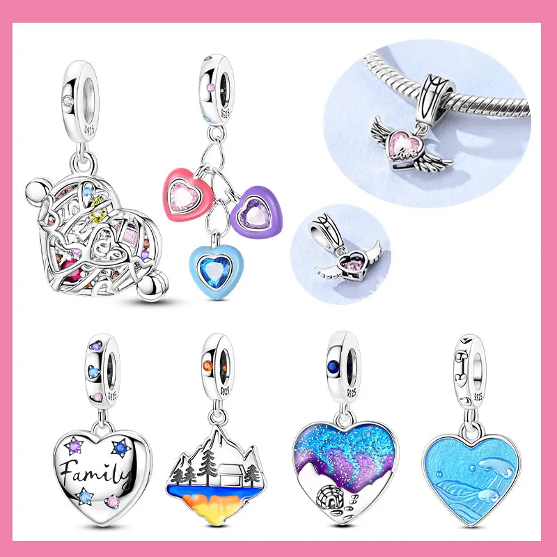 Herzförmige Serie Perlen rosa Herzflügel, Nordlichter-Charm-Armband, passend für 925er Silber, Damen-Halskette, DIY-Schmuck, Geschenk