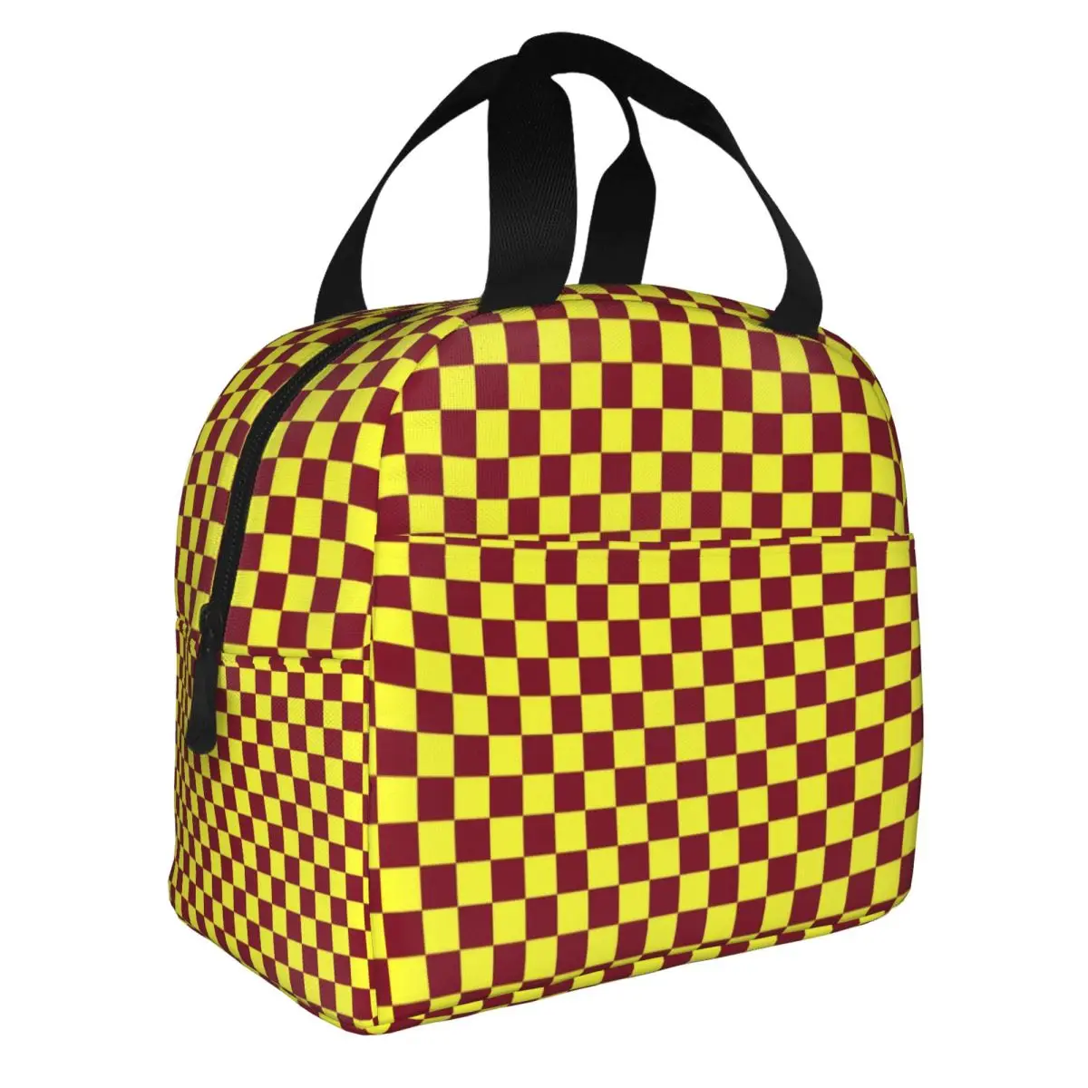 Electric Yellow And Burgundy Red Checkerboard Plaid Thermal Insulated Lunch Bag Women Resuable Lunch Container