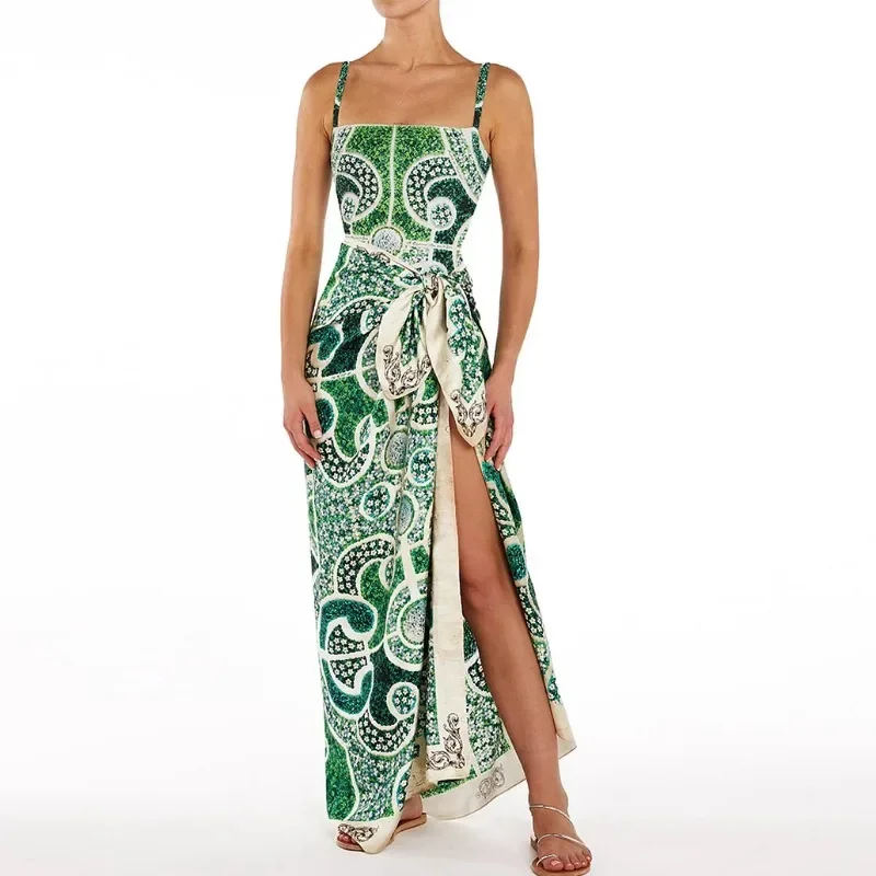 Conjunto de traje de baño de una pieza para mujeres de belleza 2025, nuevo artículo popular impreso de estilo étnico verde