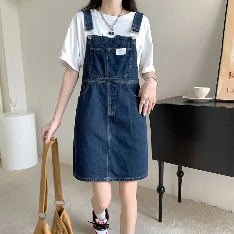 

Fashion Versatile Denim Strap Dress For Women Summer Korean Loose Casual Denim Dresses Temperament Commuting Blue Overalls